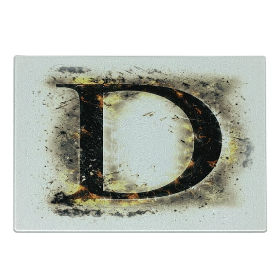 Letter D Cutting Board, Evil Blazing Uppercase D in Big Fonts Heat Typography Vintage Horror Design, Decorative Tempered Glass Cutting and Serving Board, Small Size, Tan Black Yellow, by Ambesonne