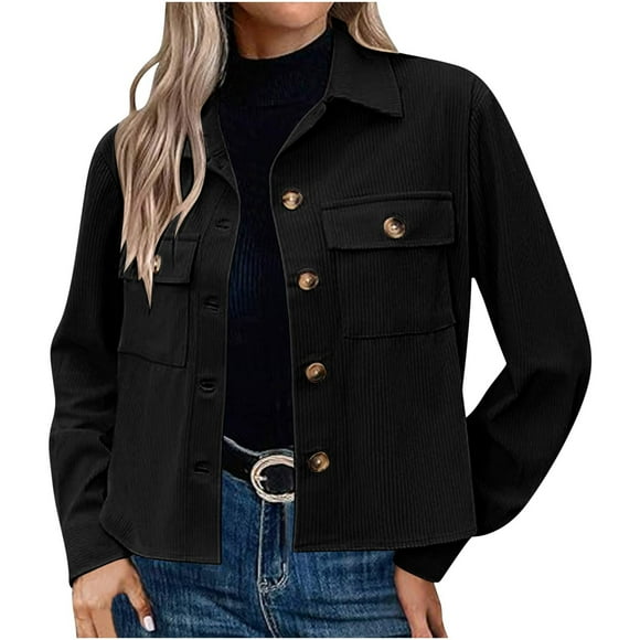 HVOBTTY Womens Long Sleeve Casual Fleece Coat, Womens Fashion Cropped Shackets Corduroy Crop Jackets Long Sleeve Shirts Trendy Black, M