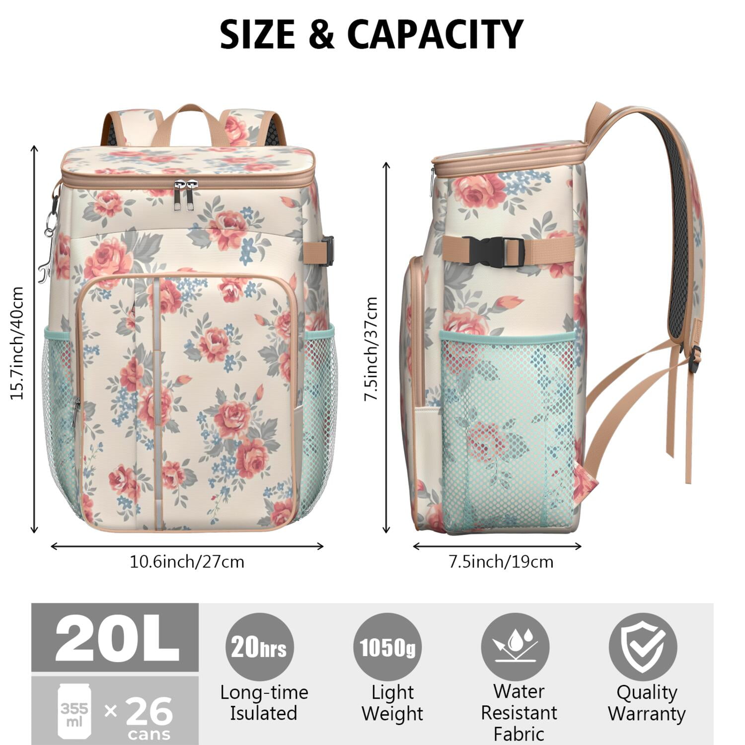 Travel Cooler Bag - Pioneer Flower Floral Print Pattern Camping Beer Cooler Backpack with Bottle Opener- Waterproof Insulated Picnic Backpacks - Cooler Bag for Beach