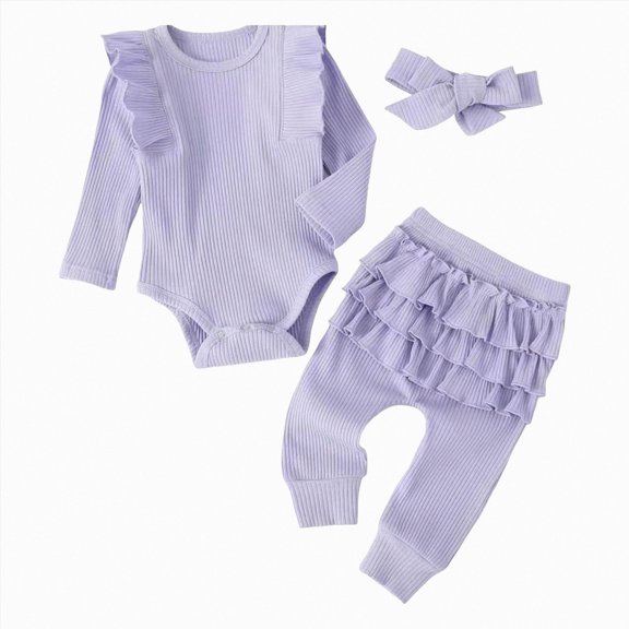 BOBOGOJP Preemie Newborn Baby Girl Clothes Infant Girl Solid Ribbed Outfits Ruffle Romper and Pants 3PC Clothing Sets (Light Purple, 3-6 Months)