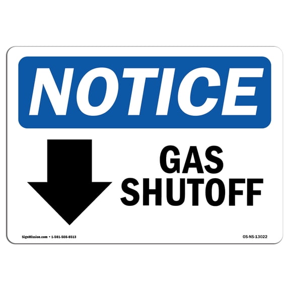 OSHA Notice Signs - Gas Shutoff [Down Arrow] Sign With Symbol | Decal | Protect Your Business, Work Site, Warehouse |  Made in the USA
