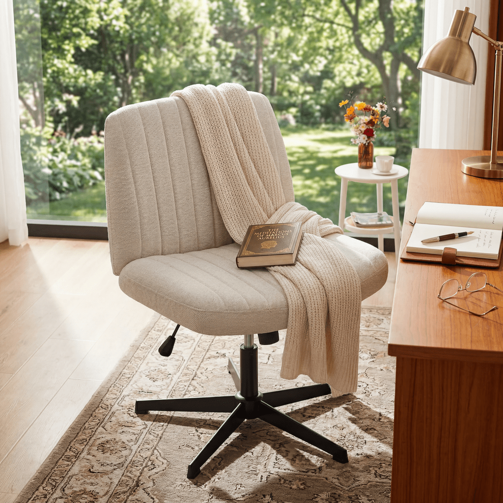 Armless Criss Cross Legged Office Chair, Desk Chair No Wheels, Fabric, Beige