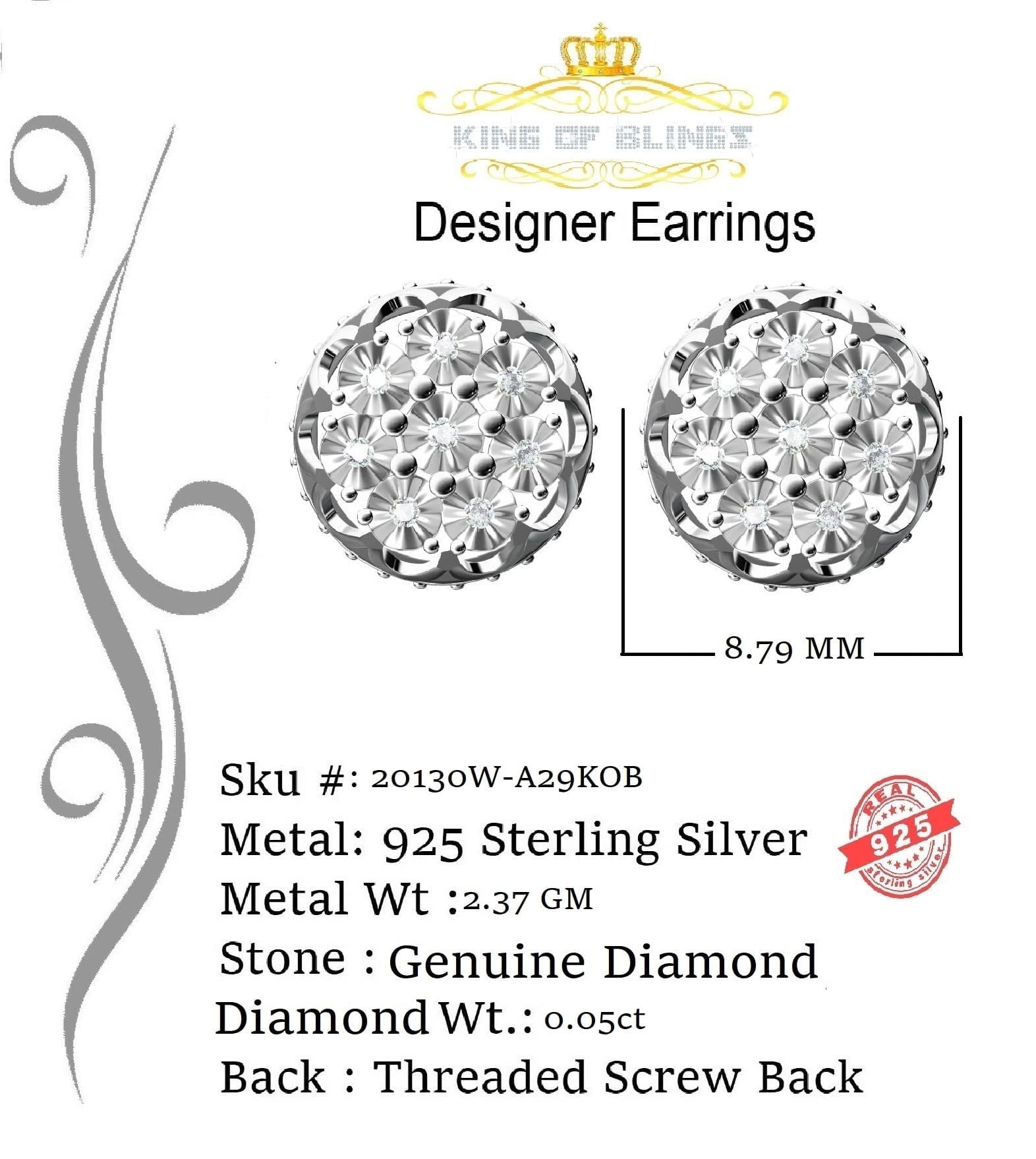 King of Bling's 0.05ct Diamond Stud Earrings For Women White 925 Sterling Silver Stud For Men