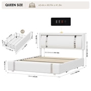 Homfa Queen Bed Frame with LED Headboard & Charge Station & 2 Storage Drawers, PU Leather Upholstery Adjustable Platform Bed Frame, White