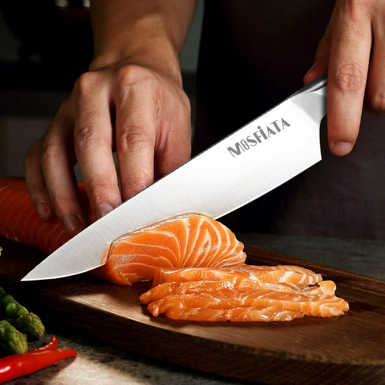  MOSFiATA Chef Knife 8 Inch Kitchen Cooking Knife, 5Cr15Mov High  Carbon Stainless Steel Sharp Knife with Ergonomic Pakkawood Handle, Full  Tang Vegetable Meat Cutting Knife with Sheath for Home Kitchen: Home
