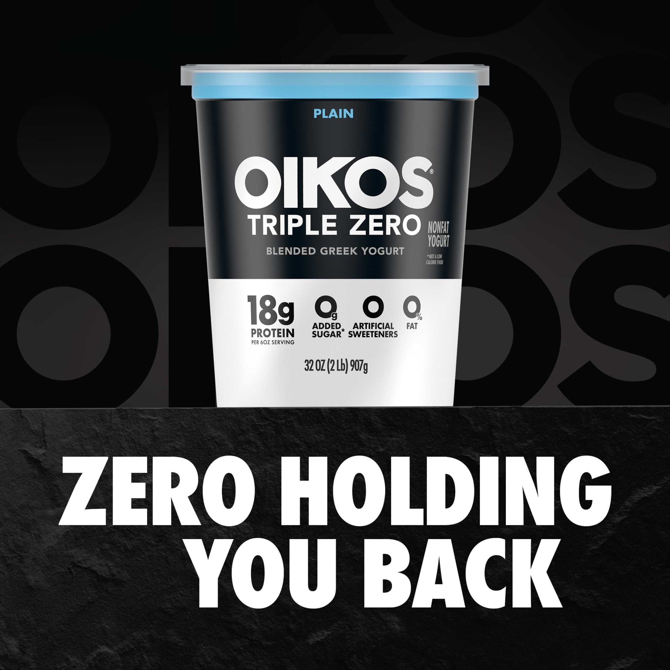 Oikos Triple Zero 18g Protein Plain Greek Yogurt, 100 Calories, 0g Added Sugar and 0 Artificial Sweeteners, Nonfat Yogurt, Great High Protein Snack, 32 oz Tub