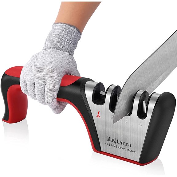 Maqtarra 4-Stage Manual Knife and Scissor Sharpener, Ceramic and Steel Blades, Rectangular