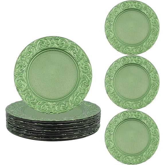 100PCS Charger Plates Bulk 13'' Plastic Embossed Dinner Plate Chargers Round Green Floral Plates for Wedding,Dinner and Party, Christmas, Thanksgiving Decoration