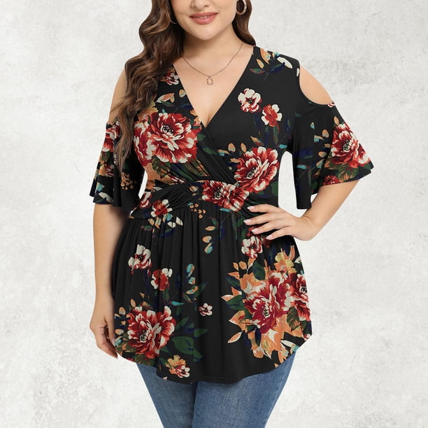 Fiudx Camisas para Mujer Moda de Mujer Color Vendido Cuello En V Bajo La Cintura Cómoda Camiseta Suelta Blusa de Manga Corta Tops Casuales