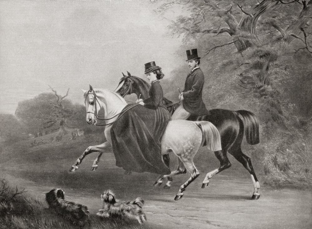 Albert Edward Prince of Wales future King Edward VII and Alexandra of Denamrk riding in Windsor Great Park England in 1863 From Edward VII His Life and Times published 1910 Canvas Art - Ken Welsh Des