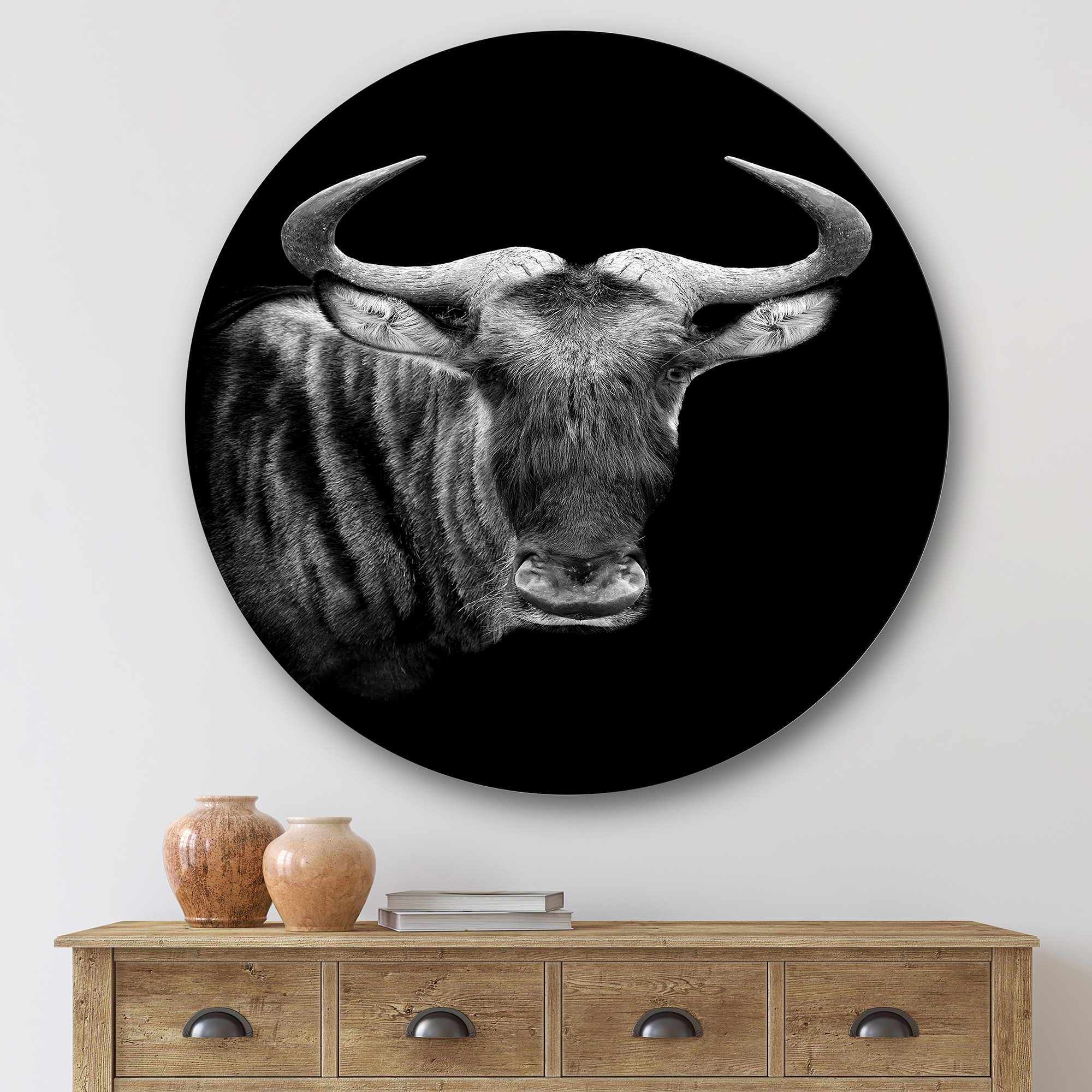 Designart 'Black and White Portrait Of Wildebeest' Farmhouse Circle Metal Wall Art 36x36 - Disc of 36