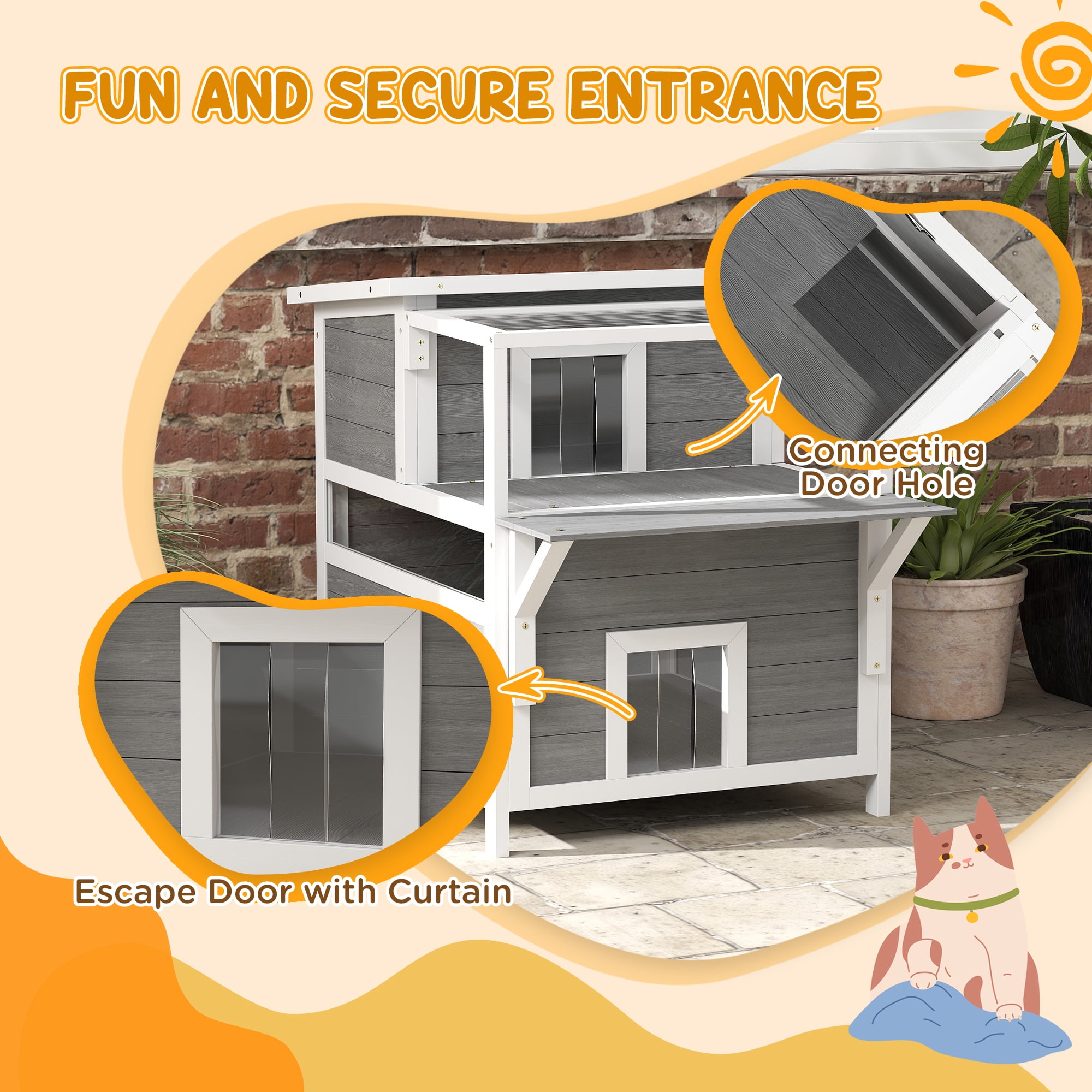 PawHut Outdoor Cat House with Balcony, Feral Cat Shelter with Weatherproof Openable Top, Escape Door, Removable Panel & Floor, for Backyard, Outside
