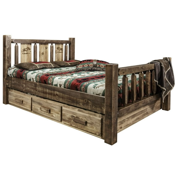 Homestead Collection Twin Storage Bed w/ Laser Engraved Moose Design, Stain & Clear Lacquer Finish