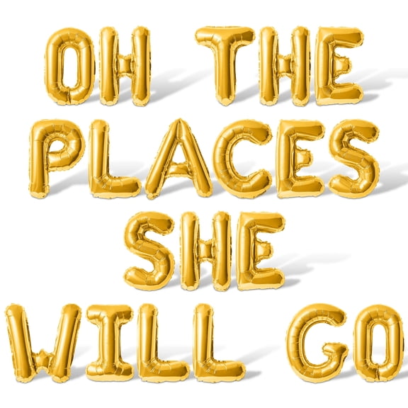 Letter Balloons - OH THE PLACES SHE WILL GO 16" Inch Alphabet Letters Foil Mylar Balloon Baby Shower Party Banner (Gold)