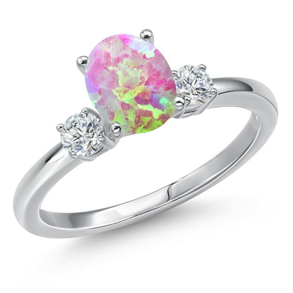 Gem Stone King 14K White Gold Simulated Pink Opal and White Lab Grown Diamond Engagement Ring for Women | 1.25 Cttw | Oval Cabochon 8X6MM | Gemstone October Birthstone | Size 5