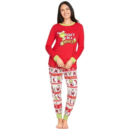 

Grinch Christmas Family Pajamas Matching Set Grinch Print Long Sleeve Tops and Striped Pants Xmas Pjs Sleepwear