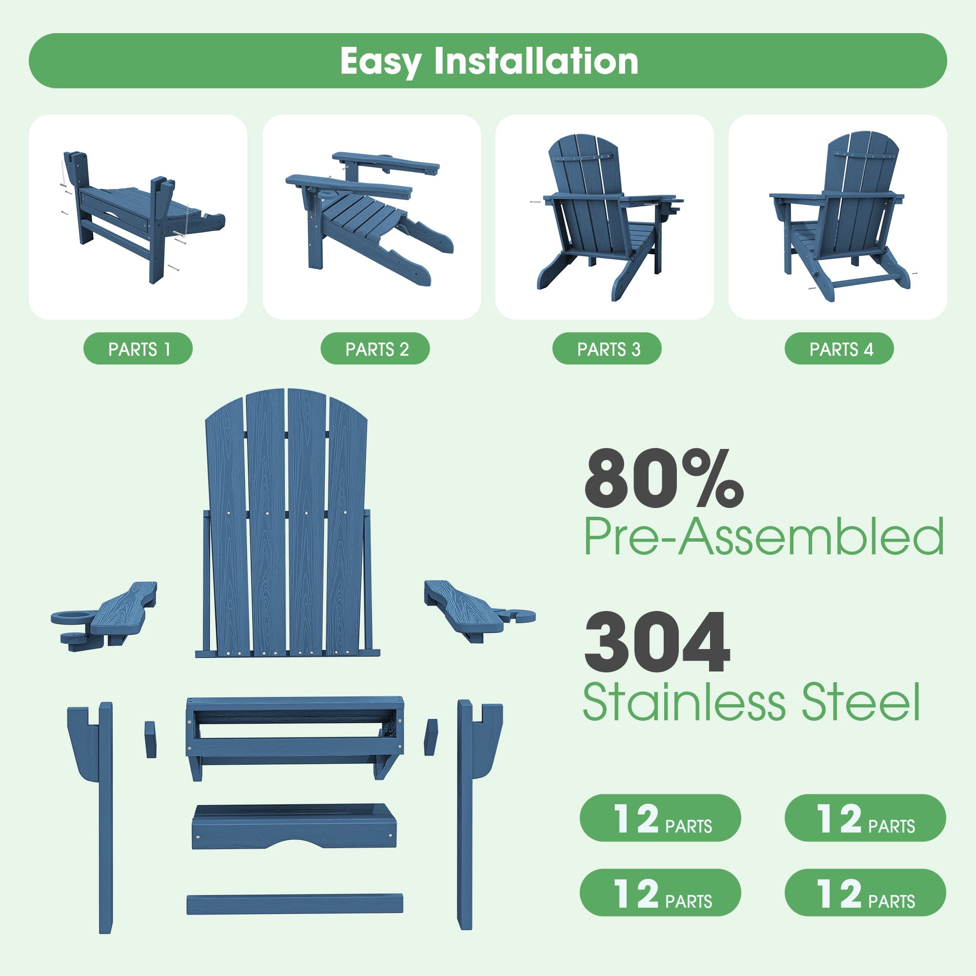 SERWALL Adjustable Folding Adirondack Chair with Footrest & Dual Cup Holders, HDPE Foldable Multifunctional Adirondack Chair with Ottoman for Patio, Outdoor, Garden, Blue