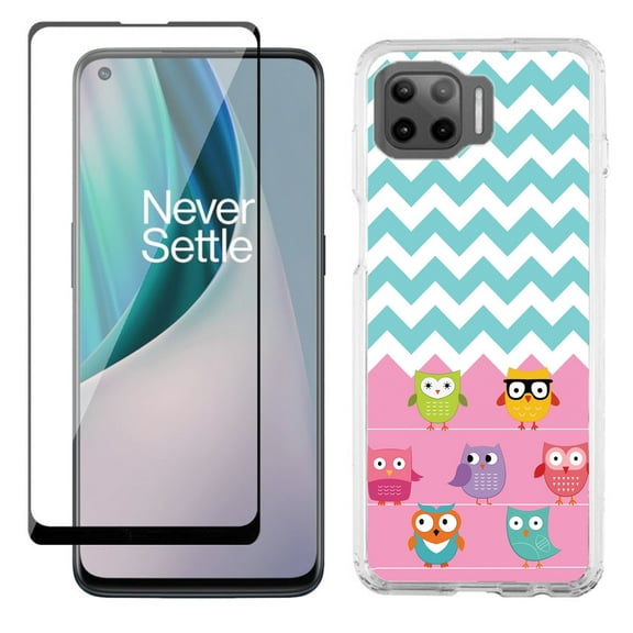 Slim-Fit Protective Phone Case compatible with Motorola Moto One 5G UW, with Tempered Glass Screen Protector, by OneToughShield ® - Chevron/Teal/Owl