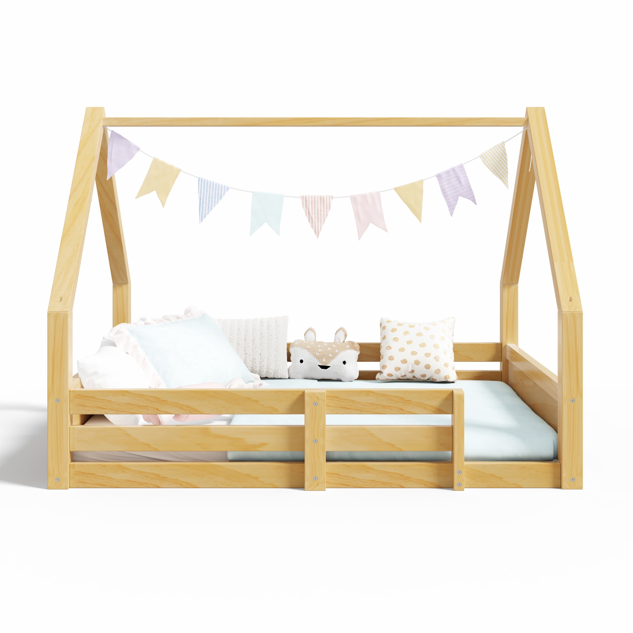 Noble House Salma Full Size House Floor Wooden Bed with Roof Frame & Grooved Panels, Safety Guardrails, Natural