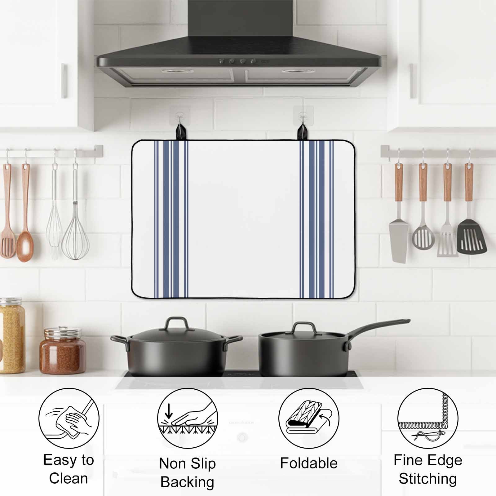 Abstract Geometric Blue Stripe, Stove Top Cover for Electric Stove, Heat-proof & Non Slip Glass Top Stove Cover Protector, White Backdrop Kitchen Flat Cooktop Rubber Mat 36x21 Inches