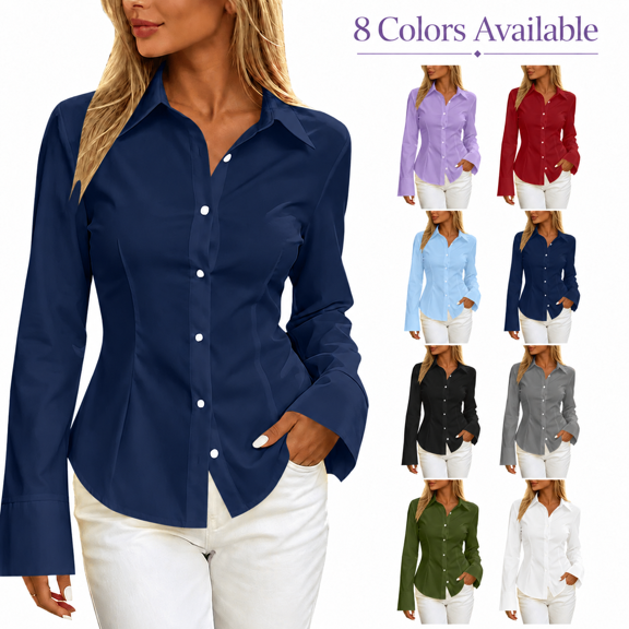 HappyYEE Women's Button Front Shirt - Long Sleeve Lapel Collar Cardigan Tops - Lightweight Casual Business Blouses Work Wear M