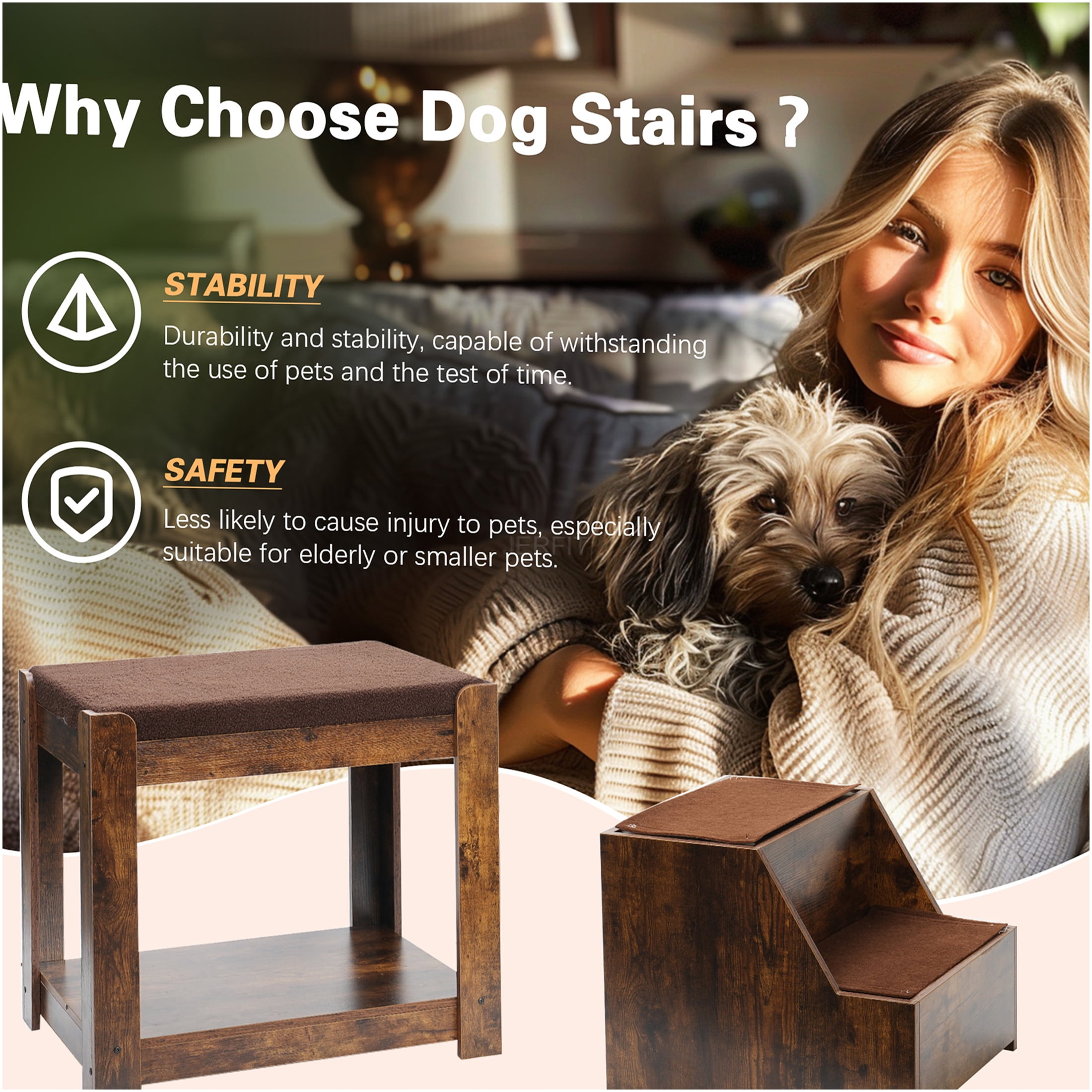 JERFIT Pet Bunk Bed with Washable Cushion & Cat Scratcher, Indoor Window Perch with Stairs for Small to Medium Dogs and Cats, Vintage Wood Grain Design