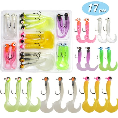 Fishing Jigs Head Hook Soft Lure Kit - 17Pcs Soft Plastic Lure Hooks Crappie Jigs Heads Curly Grub Lures Tube Bait Mixed Color