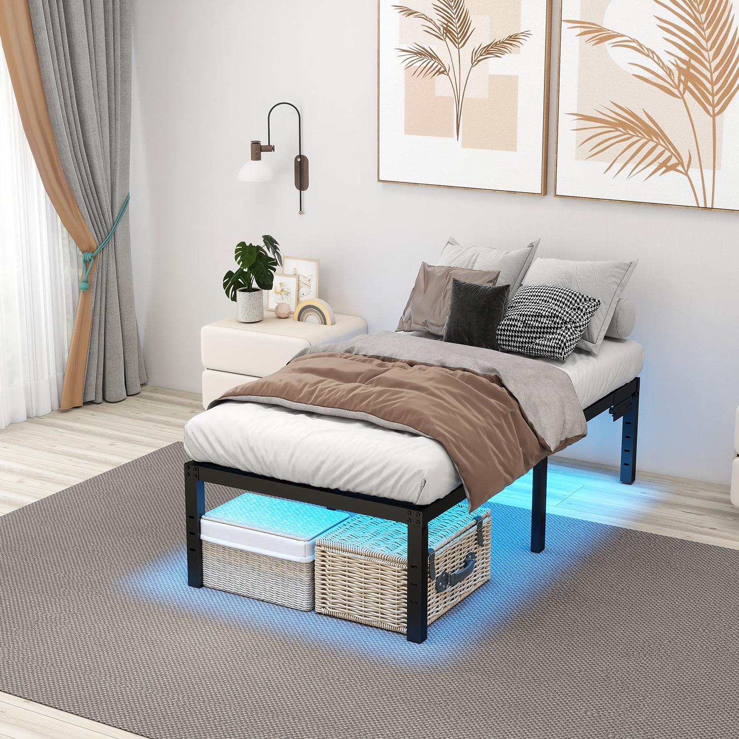 Twin Bed Frames 14 Inch Twin Platform Bed Frame with Large Storage Space,Black Bed Frame Twin Size Heavy Duty Metal Mattress Foundation,Corner Bed