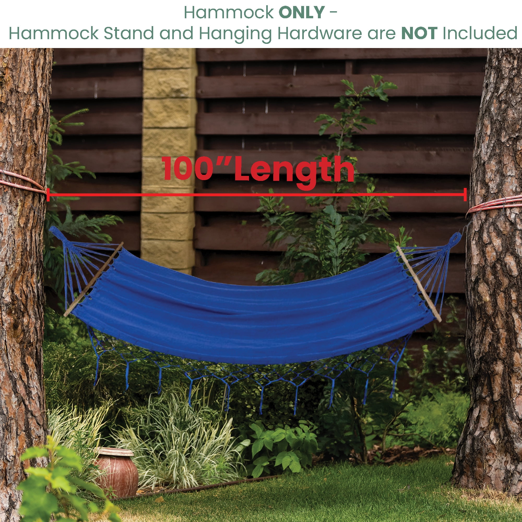 Northlight Hammock with Netted Fringe and Wooden Bars - 100" x 41" - Blue