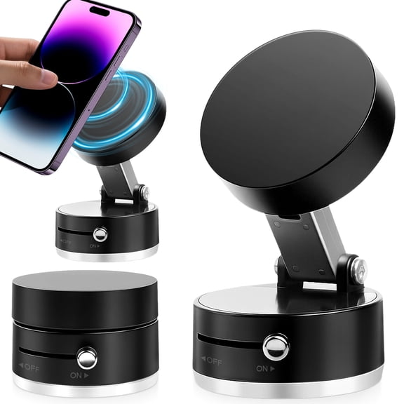 Vena MagSafe Car Phone Holder Mount, Suction Cup with Lock and Extendable Arm, Foldable Portable Magnetic Car Mount for Dash & Window, include Metal Ring - Black