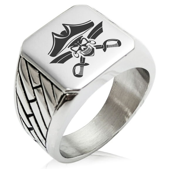 Stainless Steel Jolly Roger Skull Pirates Cross Swords Geometric Pattern Biker Style Polished Ring