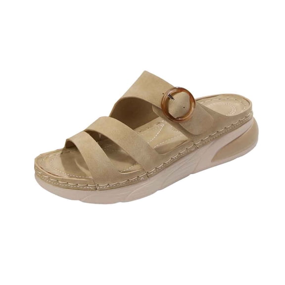 CYMMPU Women's Triple Strap Platform Slide Sandals, Buckle Decor Open Toe Slip On Wedge Slippers, Casual Summer Footwear Khaki 36