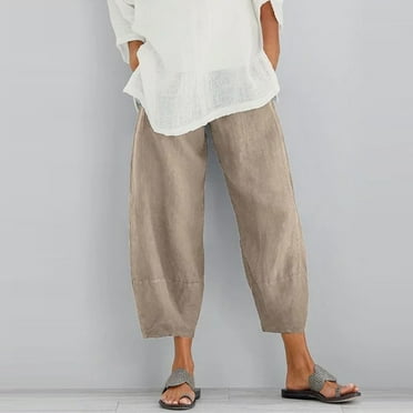 Abcnature Womens Wide Leg Pants, Plus Size Linen Harem Pants Casual Summer Printed Pants with Pockets Beige S