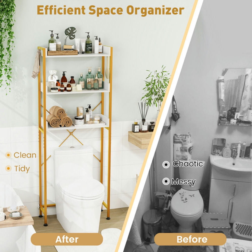 Finihen Toilet Storage Rack, Toilet Storage Shelf, Over The Toilet Storage Rack with Hooks and Adjustable Bottom Bar, for Bathroom, White
