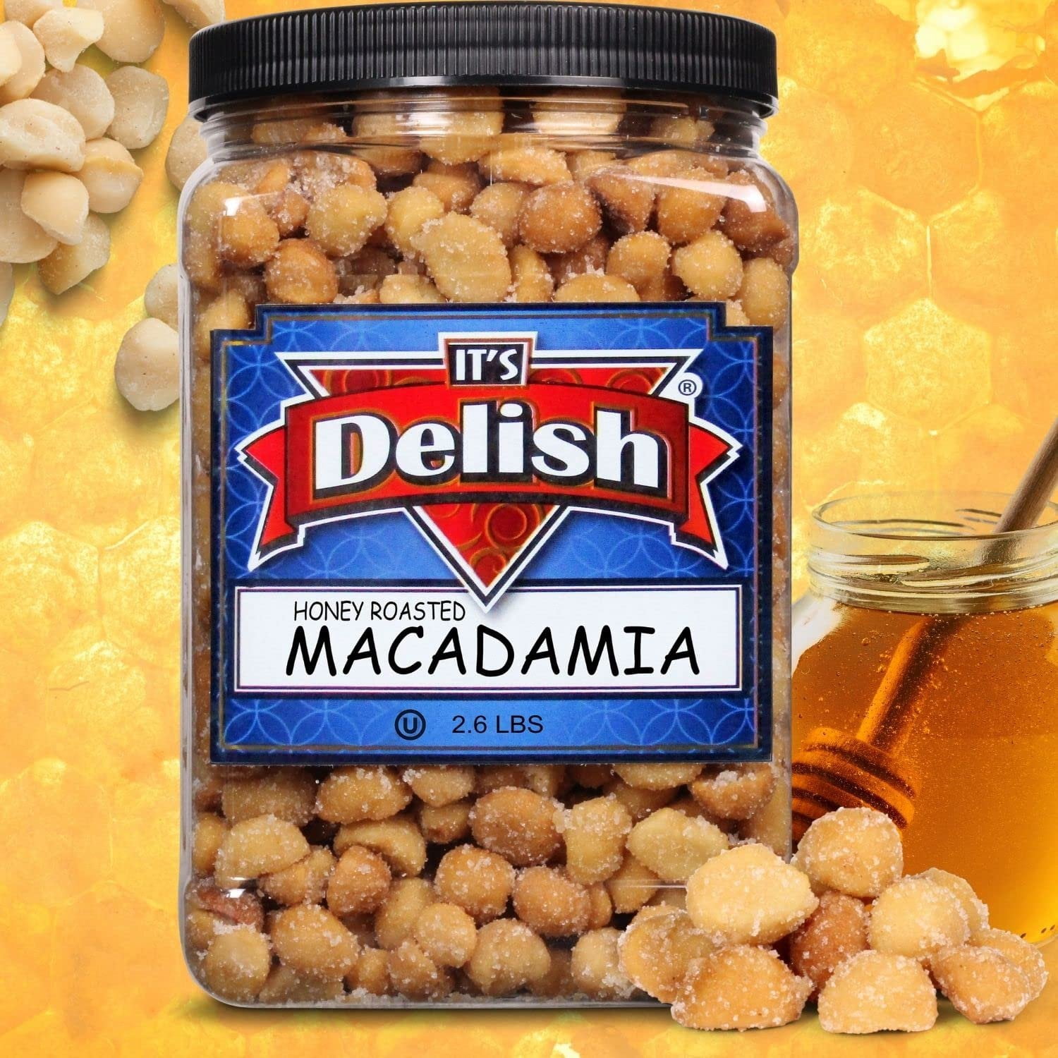 Honey Roasted Macadamia by It's Delish, 2.6 LBS Reusable Jumbo Container  Gourmet Macadamia Nuts in Honey Sugar Coating, Sweet & Heart Healthy Salted Nut, Kids Snack - Non-Dairy, Kosher Parve