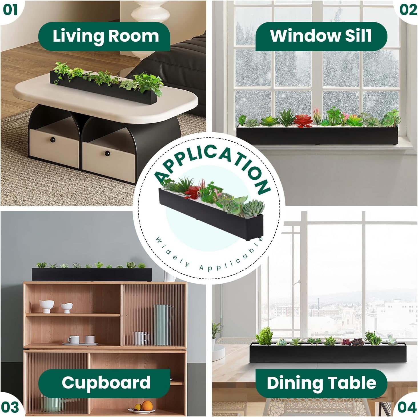 32" Trough Rectangle Planter Window Sill Planter Box Long Window Planters Modern Galvanized Steel Succulent Planter Black Metal Windowsill Pot for Indoor Plants Herb Table Home Outdoor