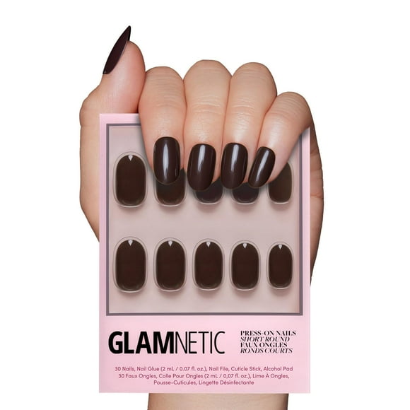 Presiona las uñas con corteza glamnetica, marrón opaca, corta y redonda