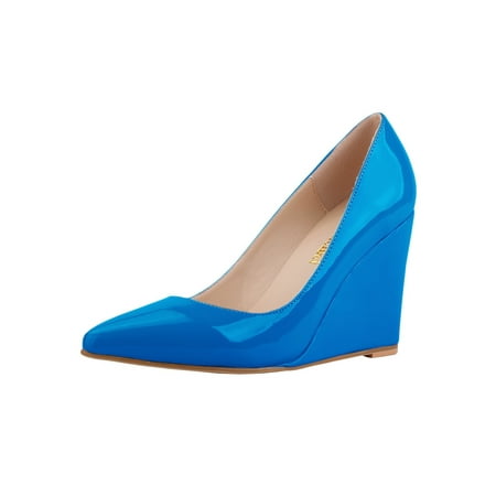 

Eloshman Womens Dress Shoe High Heels Wedges Comfort Office Fashion Pointed Toe Non-Slip Wedge Pumps Sky Blue 5.5