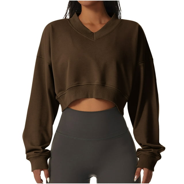 Timegard Cropped Sweatshirt for Women V Neck Workout Athletic Pullover Tops Casual Solid Color Tops