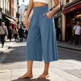 thumbnail image 2 of Womens Trendy High Waisted Wide Leg Capri Pants Flowy Elastic Waist Gaucho Trousers with Pockets Casual Lounge Vacation Pants Light Blue, 2 of 7