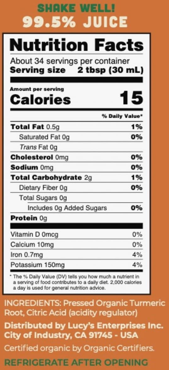 Lucy’s Fiji Turmeric Organic Non-GMO 99% Pure Turmeric Juice - 34 oz Glass Bottle (Made from Fresh Pressed)