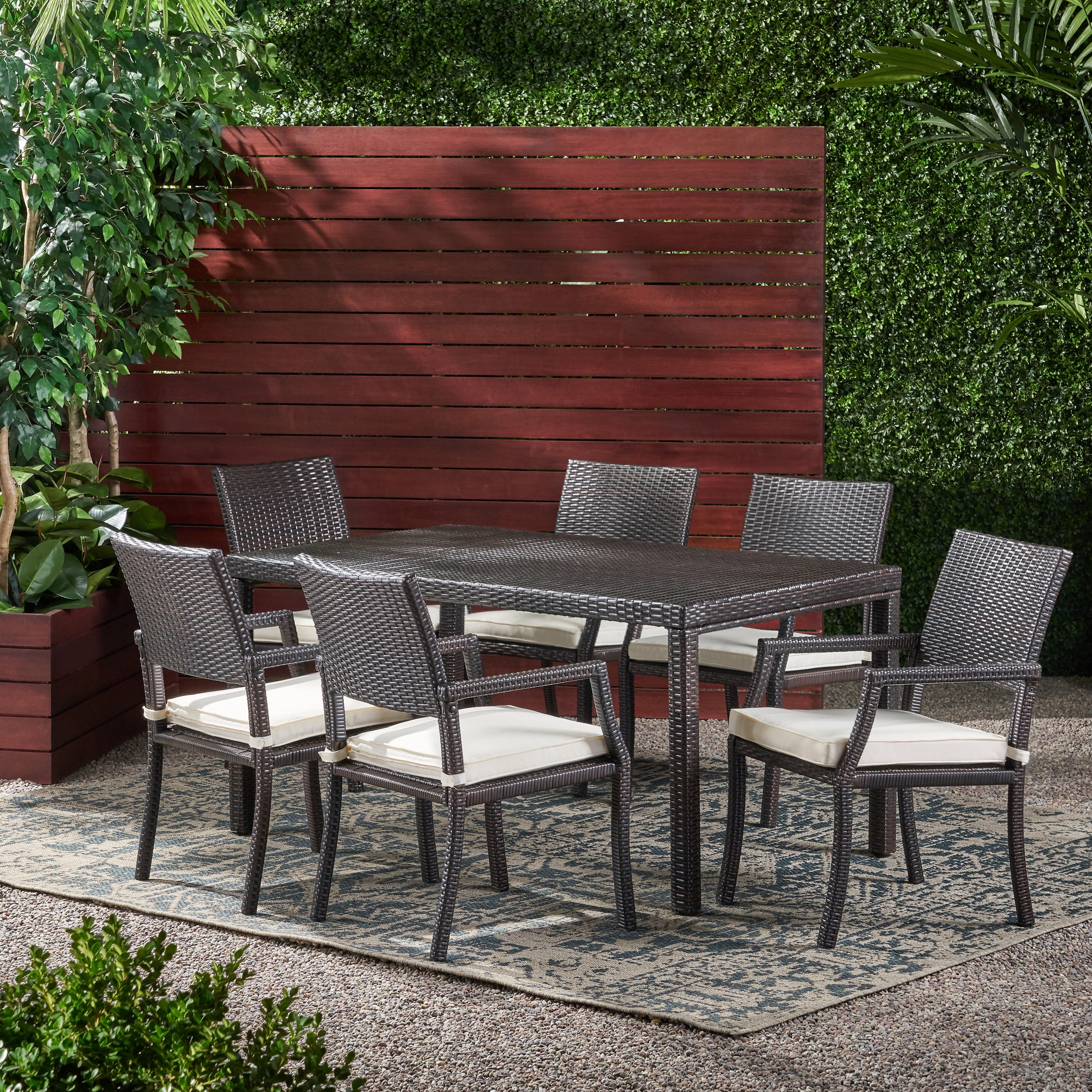 Outdoor 7-piece Wicker Rectangular Dining Set,Multibrown,White