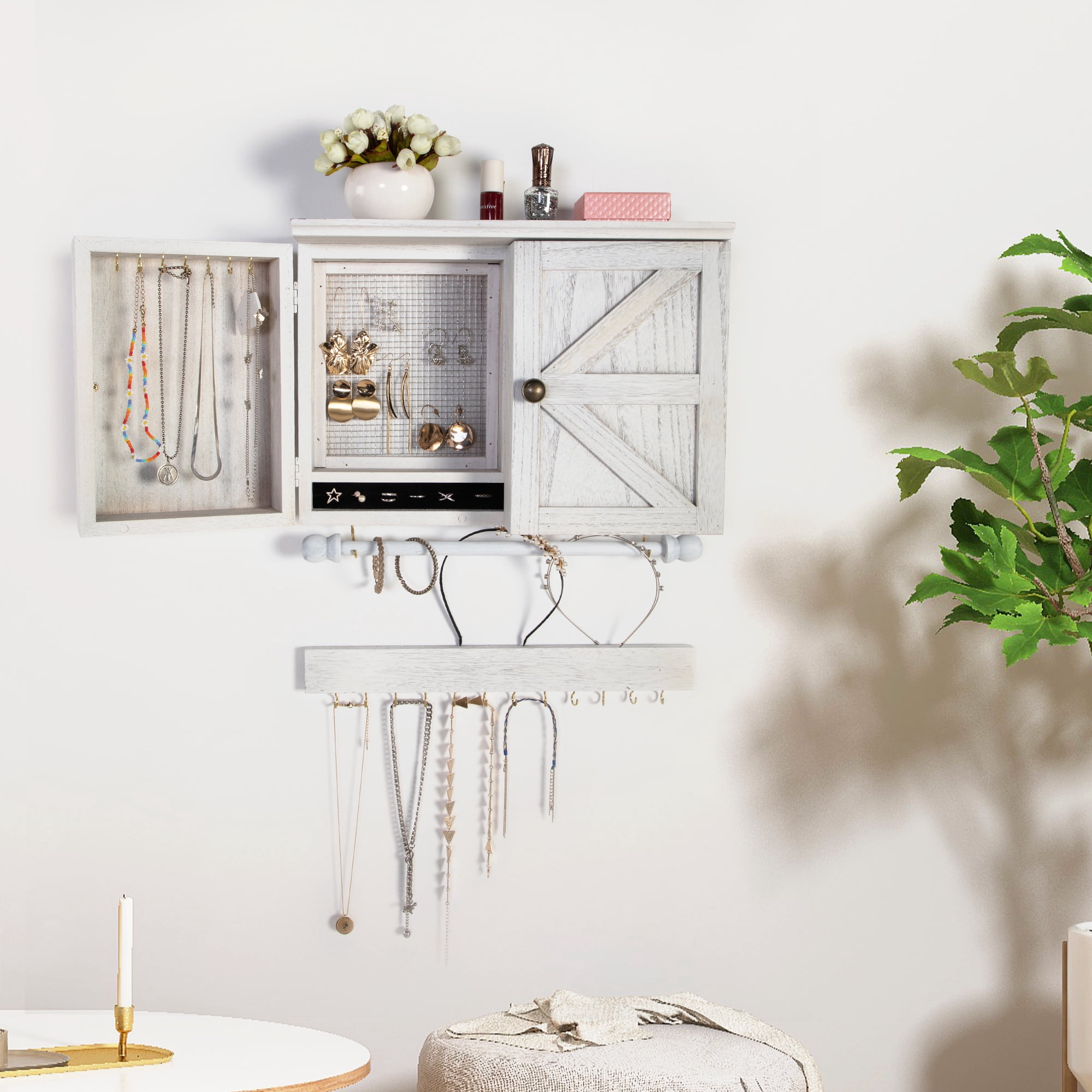 Sandinrayli Wall Mount Jewelry Organizer with Wooden Barn Doors, Rustic Jewelry Holder with Removable Hanging Rod for Earrings Bracelets Necklaces Ring Holder Includes Hook Organizer