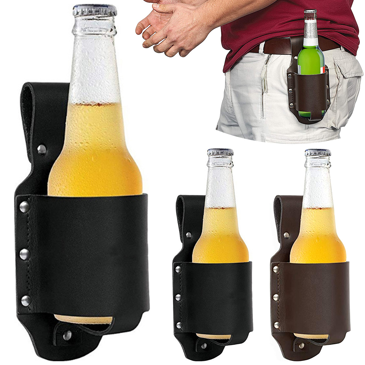 MLfire Classic Beer Holster, PU Leather Beer Holster Beer Holder Belt Drink Waist Bag, Cowboy