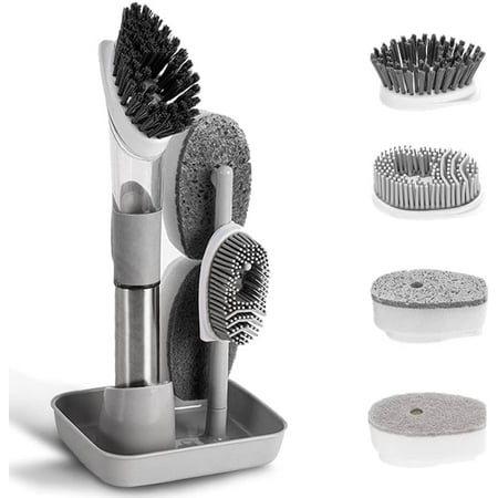

Dish Cleaning Brush Soap Dispensing Dish Brush Set with 4 Replacement Heads and Storage Holder Kitchen Scrub Brush for Dish Pot Pan Sink Cleaning (Grey)