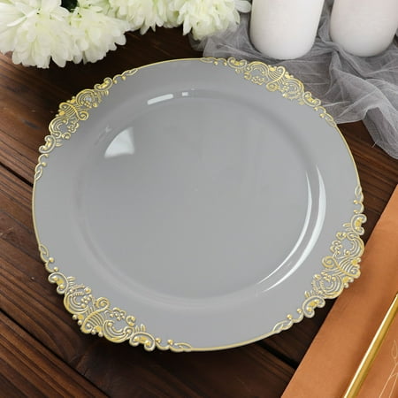 

Efavormart 10 Pack | 10 Round Plastic Dinner Plates In Vintage Gray Gold Leaf Embossed Baroque Disposable Plates