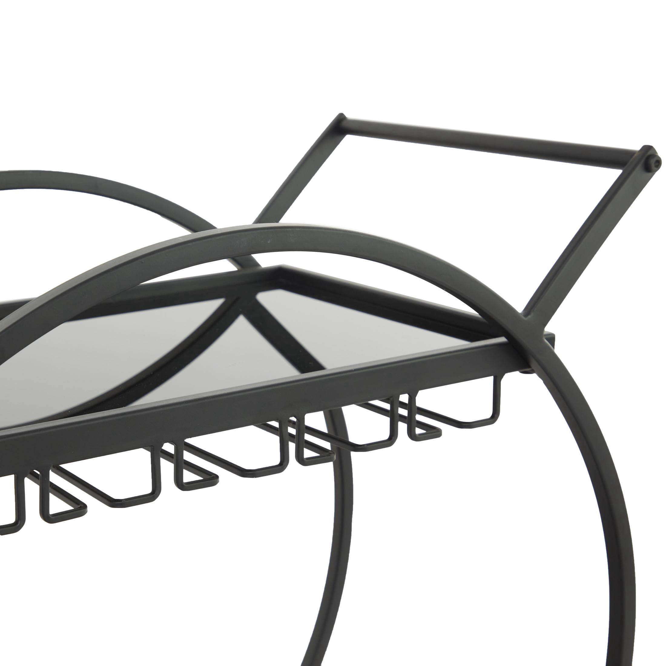 DecMode 28" x 31" Black Metal Rolling 2 Shelf Bar Cart with Wine Glass Storage and Handle, 1-Piece