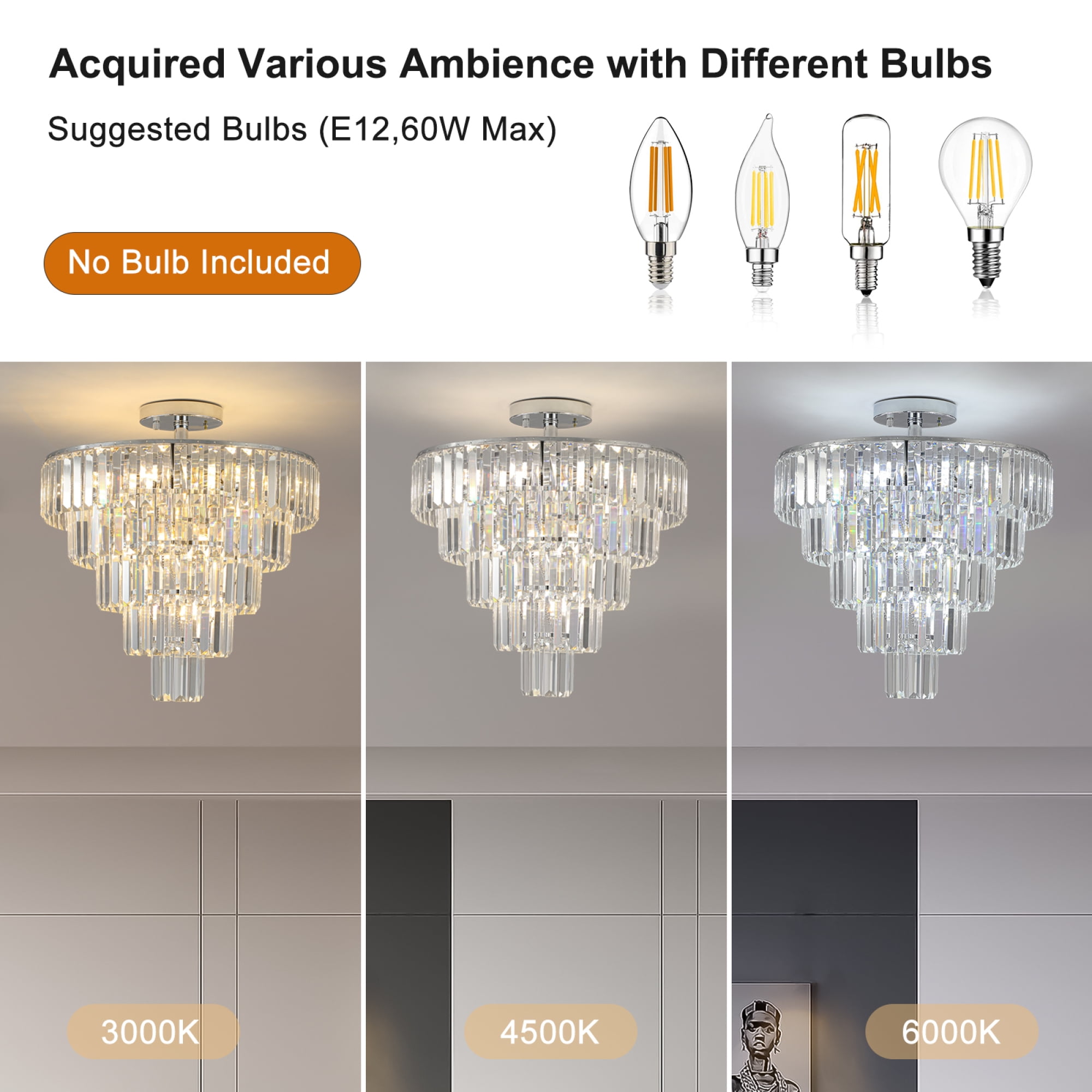 Jopath 20" 5-Tier Round Crystal Chandelier Ceiling Light, Modern Luxury 10-Light Flush Mount Light Fixture, Elegant Home Lighting for Living Room, Dining Room, Bedroom Silver (No Bulbs)