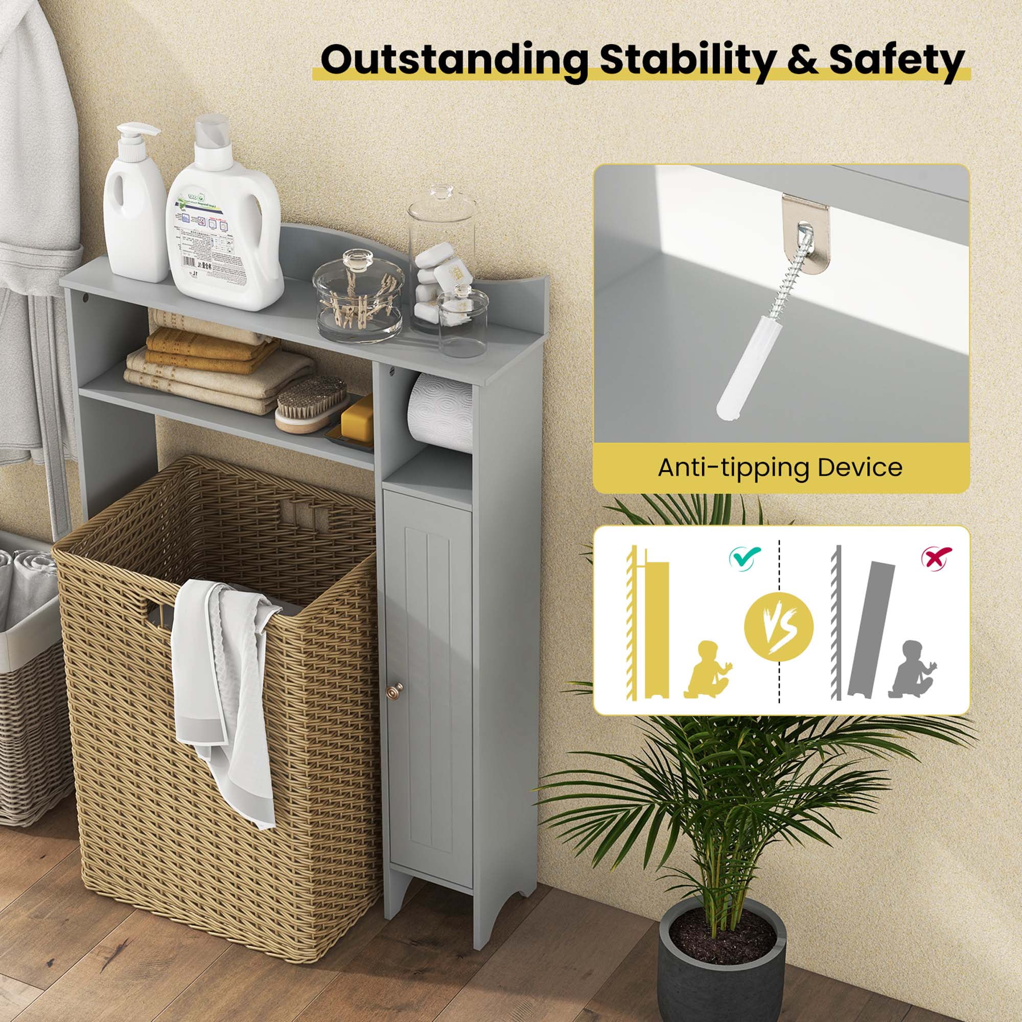Costway Over the Toilet Storage Cabinet with Toilet Paper Holder Adjustable Shelves Gray