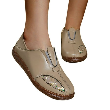 

Aayomet Pumps for Women Flat Printed Soft Sole Sleeve Shoes Flower Retro Casual Leather Women s Women s Pumps Beige 8